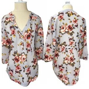 Princess Vera Wang Top Size L Floral 3/4 Peasant Sleeve Keyhole 100% Polyester